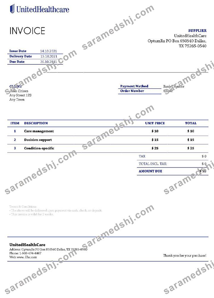 USA UnitedHealthCare invoice